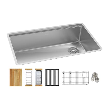 16 Ga Workstation SS 31-1/2x18-1/2x9, Sgl Bowl Undermount Sink Kit